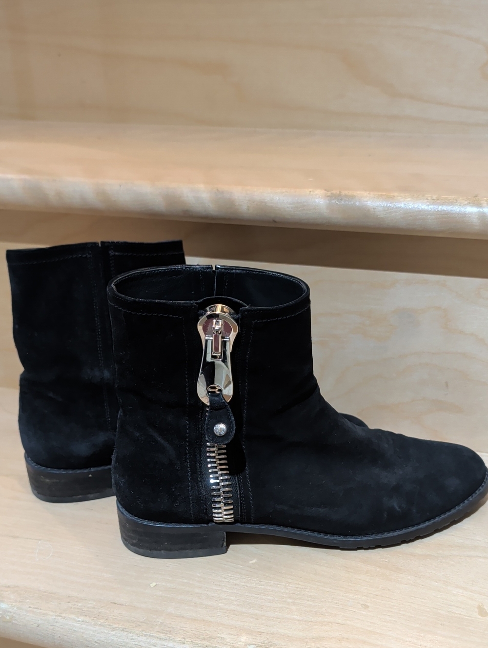 Stuart Weitzman Black Suede Ankle Boots with Decorative Silver Zip Size 6.6